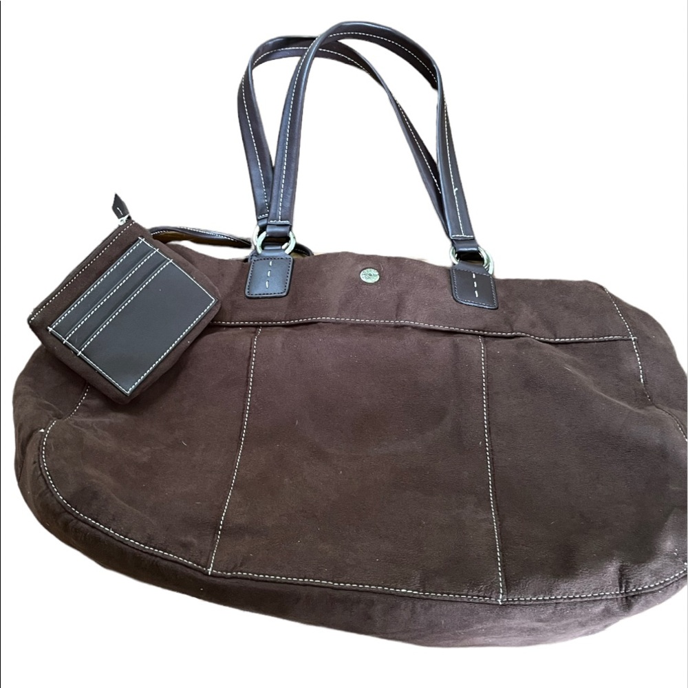 Y2K Liz Claiborne Brown Large Tote Shoulder Bag Purse Attached Wallet Microfiber - Picture 2 of 7